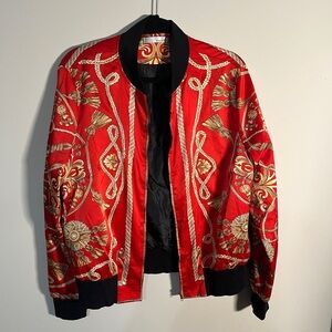 Red and Gold Patterned Bomber Jacket
